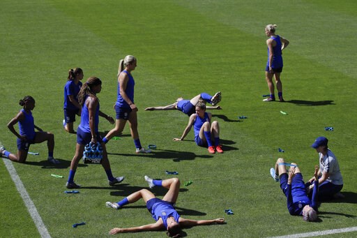 (AP Photo/Alessandra Tarantino). United States' players warm up during a training session at the Gymnase Parc des Sports in Limonest, outside Lyon, France, a day before their Women's World Cup final match against the Netherlands, Saturday, July 6, 2019.